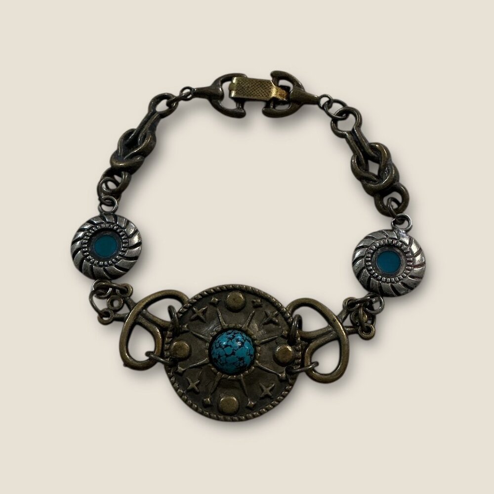 Antiqued Vintage Style Bracelet With Faux Turquoise Accents & Ornate Design 7 In